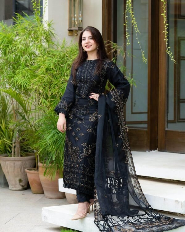 Lawn 3 Piece Unstitched Fully Embroidered Shirt With Organza Embroidered Dupatta - Image 3