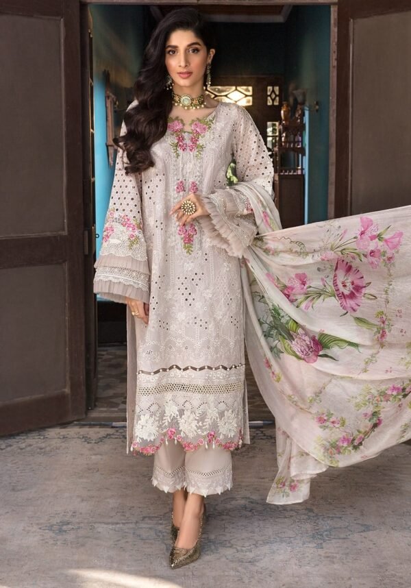 Lawn 3 Piece Unstitched Chiken Kari Heavy Embroidered Suit With Silk Digital Printed Dupatta - Image 3