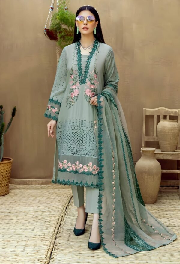 Lawn 3 Piece Unstitched Chiken Kari Shirt With Embroidered Organza Dupatta - Image 3