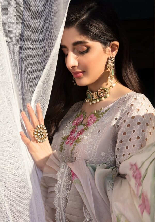 Lawn 3 Piece Unstitched Chiken Kari Heavy Embroidered Suit With Silk Digital Printed Dupatta - Image 2