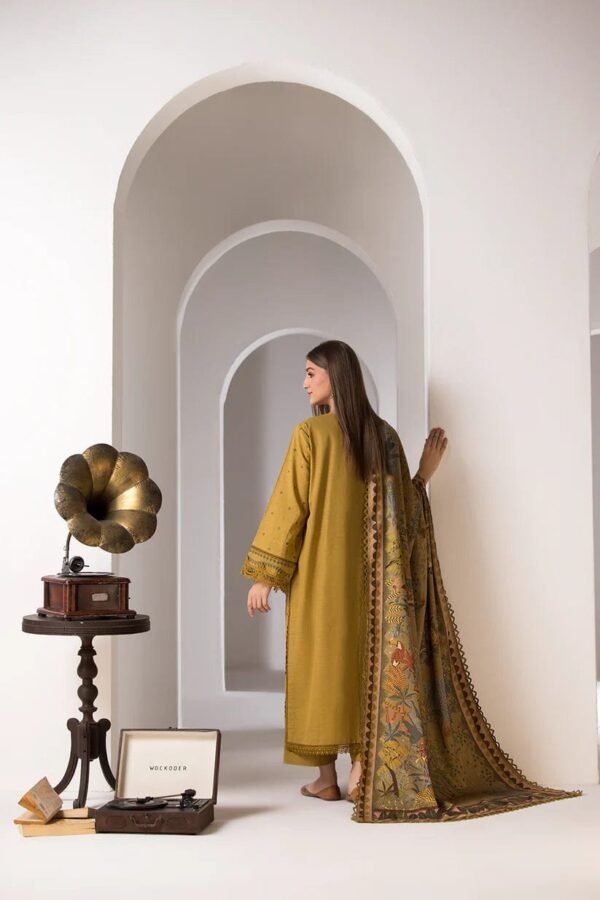 SGR-593 Piece Embroidered Dhanak Shirt with Printed Wool Shawl - Image 3