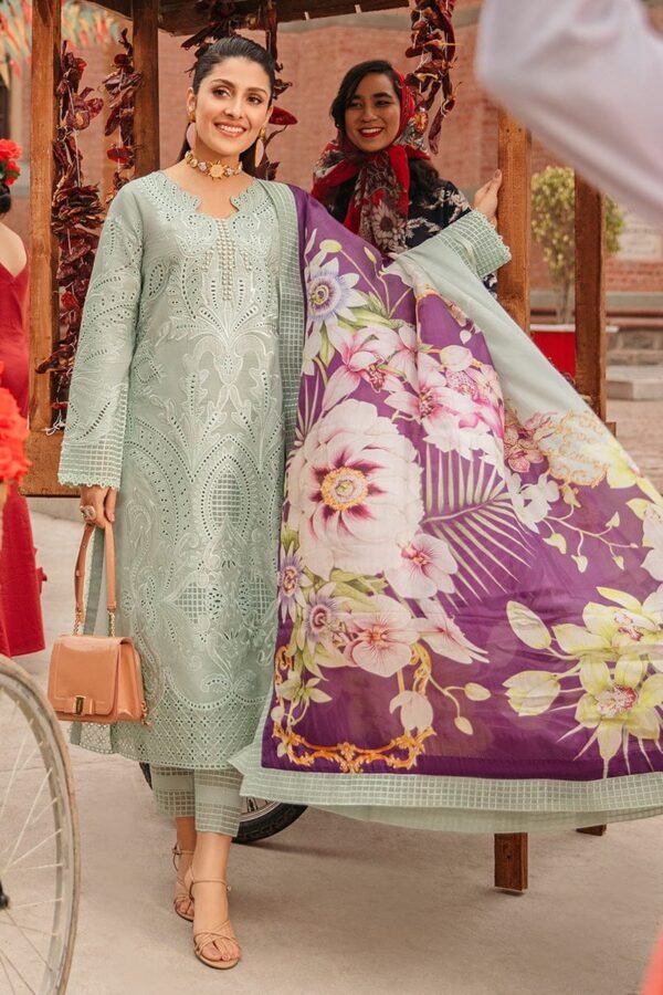 Lawn 3 Piece Heavy Chiken Kari Embroidered Suit With Silk Digital Printed Dupatta - Image 2