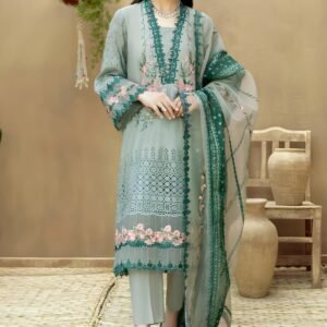 Lawn 3 Piece Unstitched Chiken Kari Shirt With Embroidered Organza Dupatta