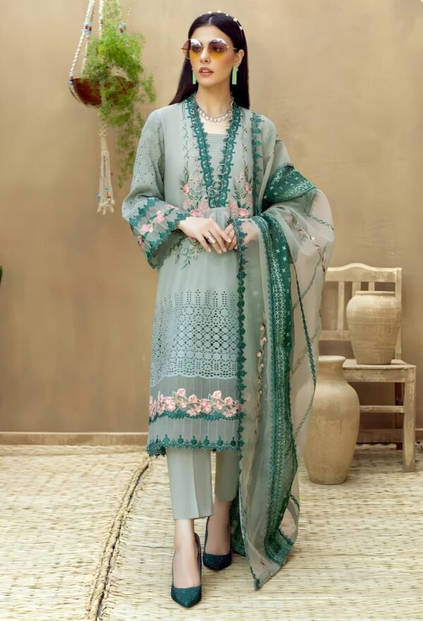 Lawn 3 Piece Unstitched Chiken Kari Shirt With Embroidered Organza Dupatta