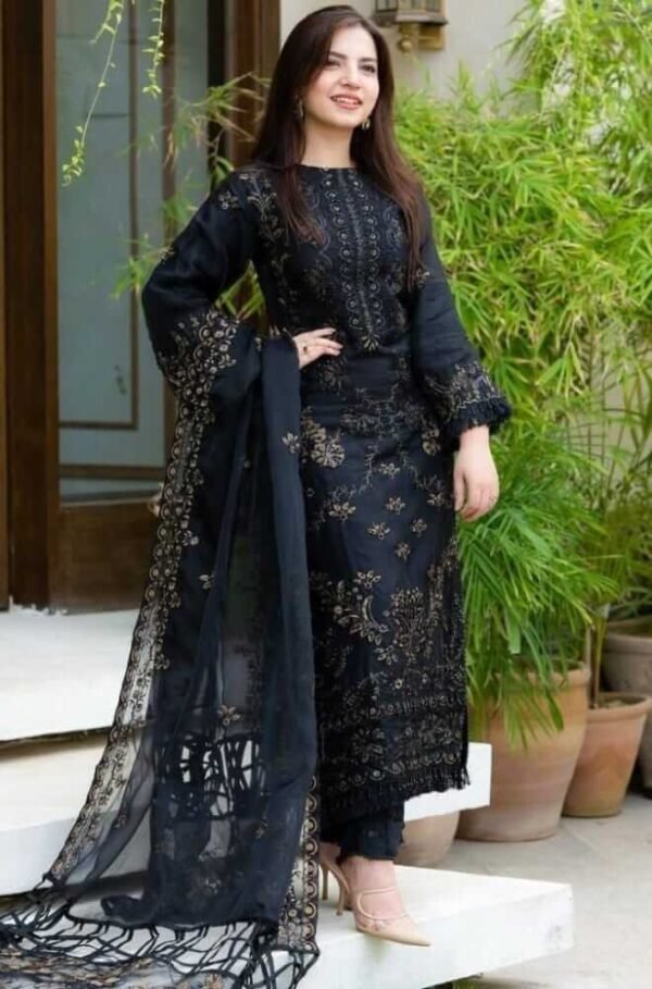 Lawn 3 Piece Unstitched Fully Embroidered Shirt With Organza Embroidered Dupatta - Image 5