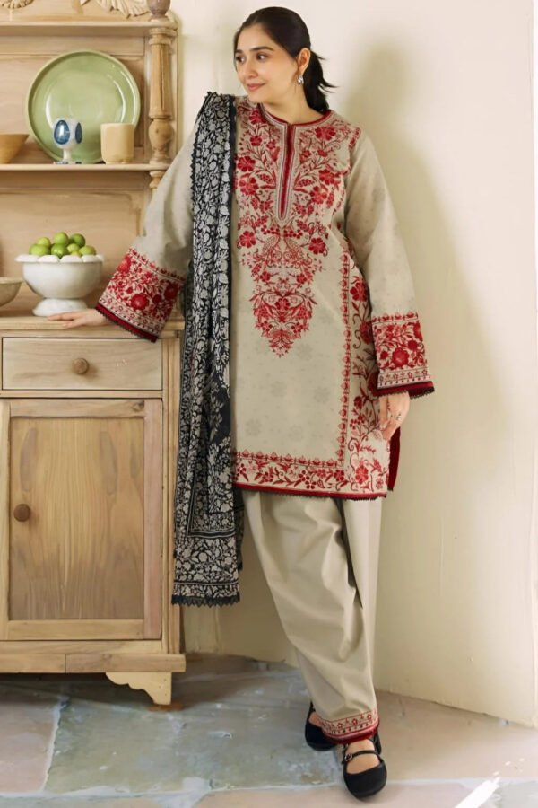 Unstitched Fully Embroided Dhanak Suit With Wool Shawl - Image 5