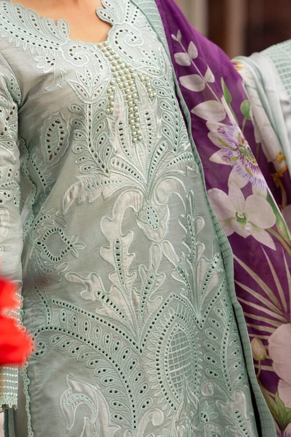 Lawn 3 Piece Heavy Chiken Kari Embroidered Suit With Silk Digital Printed Dupatta - Image 3