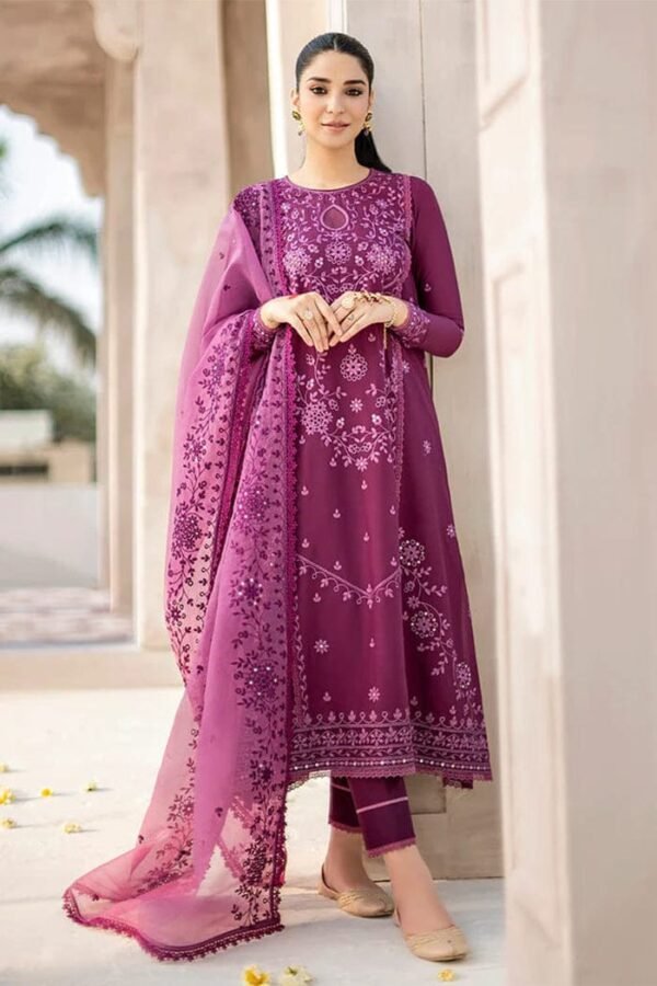 3 Piece Embroidered Lawn Shirt with Embroidered Organza Dupatta