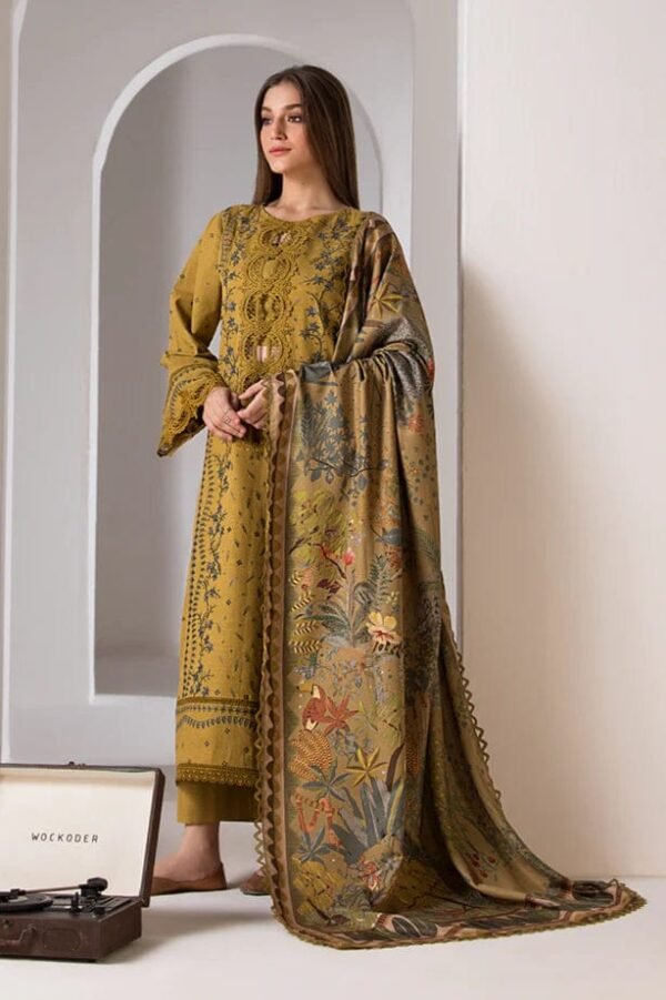 SGR-593 Piece Embroidered Dhanak Shirt with Printed Wool Shawl - Image 4