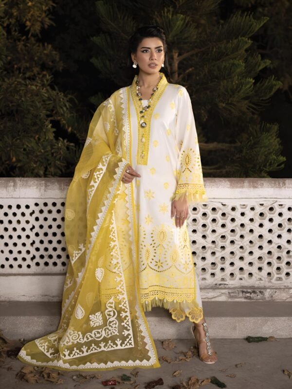 Lawn 3 Piece Unstitched Heavy Embroidered Suit With Embroidered Organza Dupatta