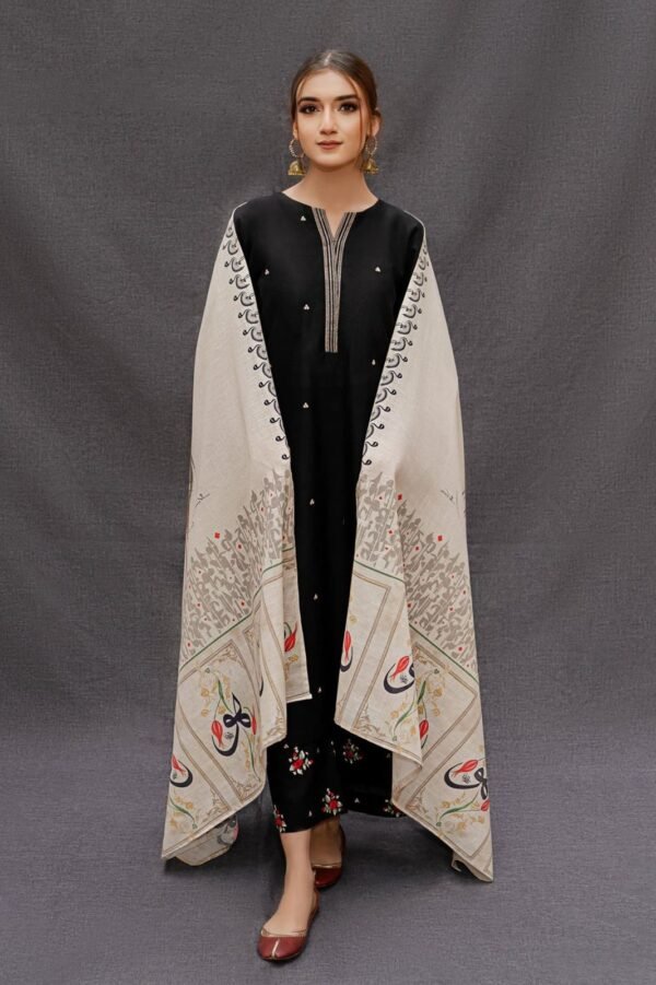 3PC UNSTICHED HEAVY EMBROIDERD SUIT DIGITAL PRINTED WOOL SHAWL