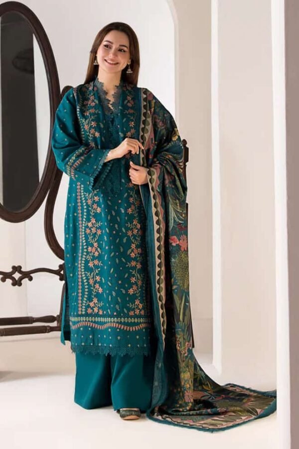 3 Piece Embroidered Dhanak Shirt with Printed Wool Shawl - Image 4