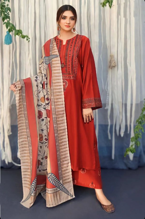 Dhanak Embroidered Suit With Digital Printed Wool Shawl - Image 5