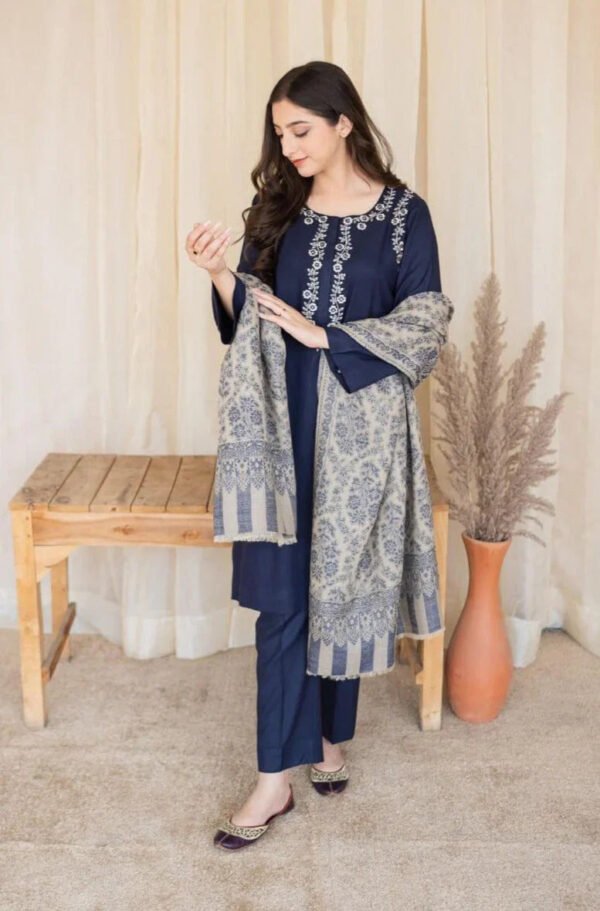 SGR-830 Dhanak 3PC Heavy Embroidered Suit With Digital Printed Wool Shawl - Image 2